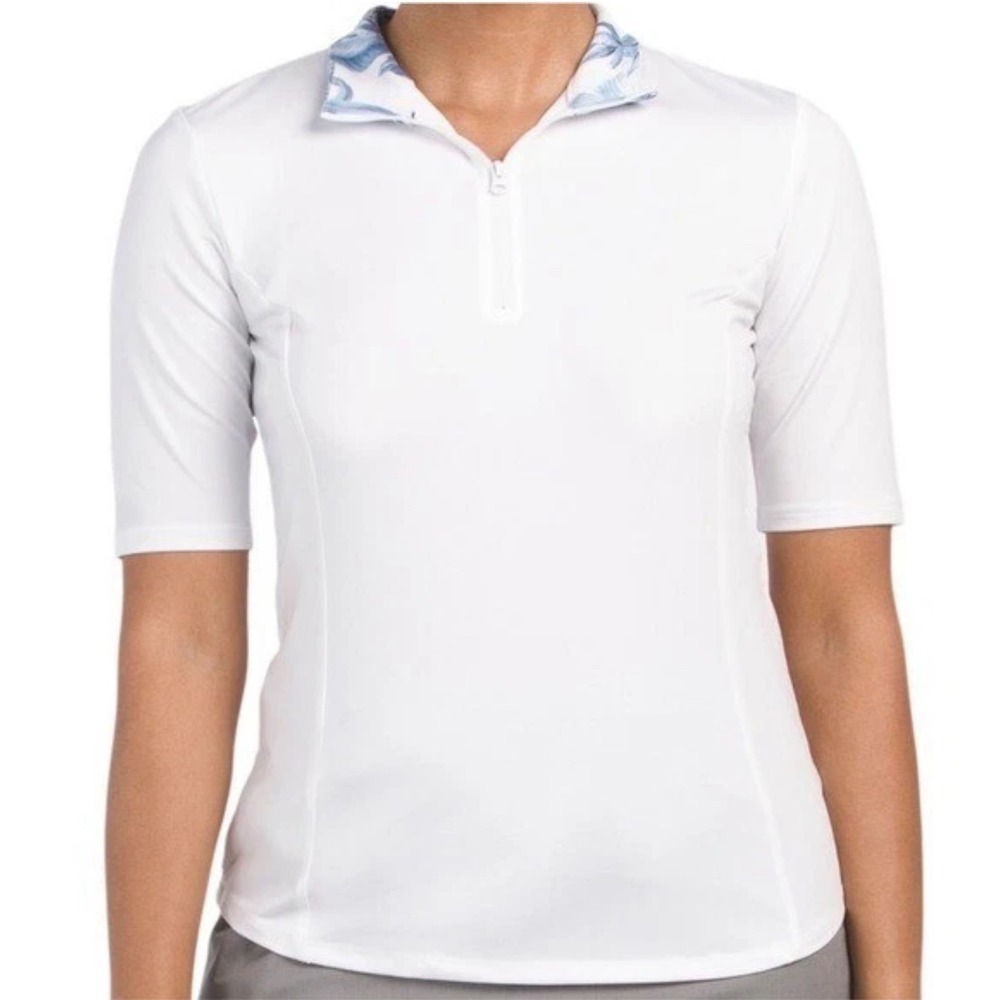 Tommy Bahama White Short-Sleeve Zip Polo with Blue Trim Collar